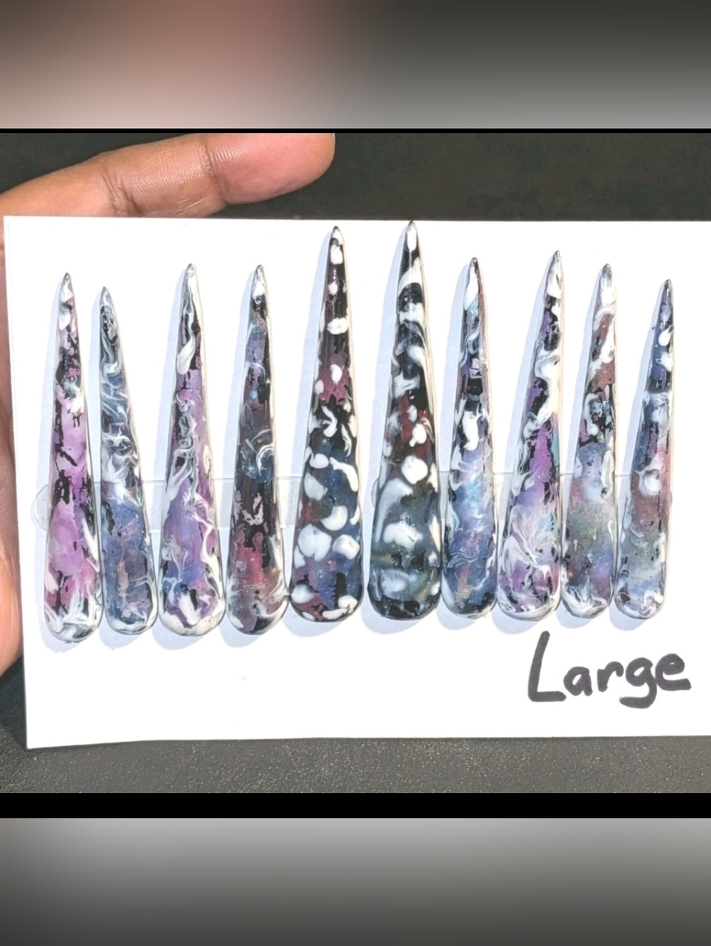 Handmade 4xl Stiletto Press-On Nails — Marble Purple, Black & White